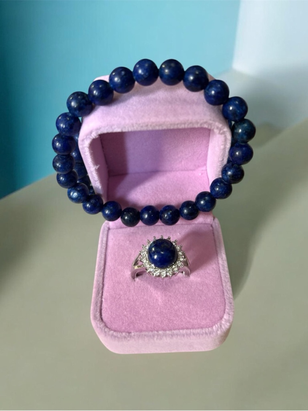 Lapis Lazuli Bead Bracelet and Ring Set - Deep Blue